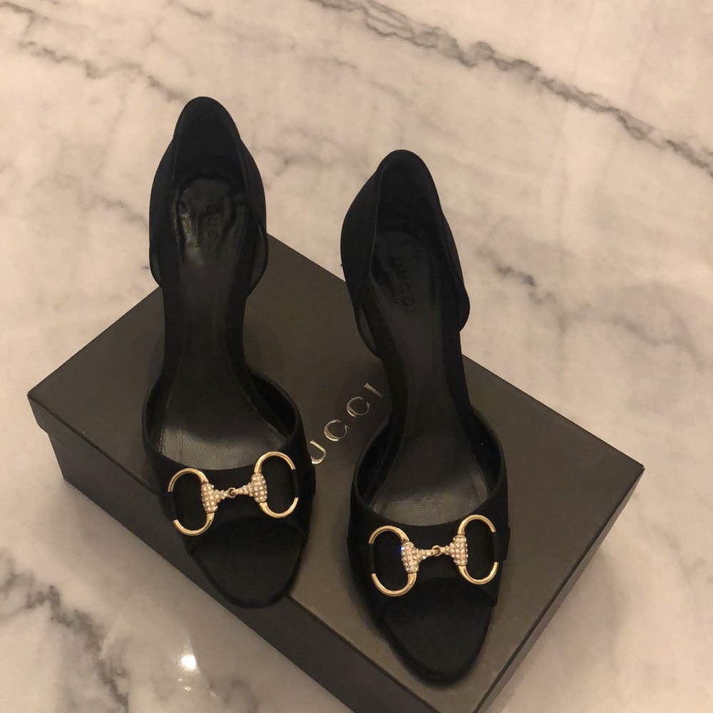 Gucci Black Satin Horsebit D’Orsay Open Toe Sz 6